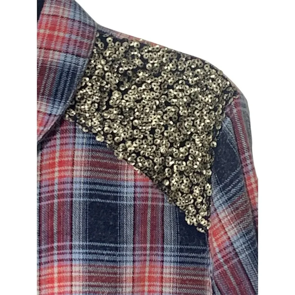 Free People Little‎ Bit of Sugar Women's M Sequin plaid flannel shirt